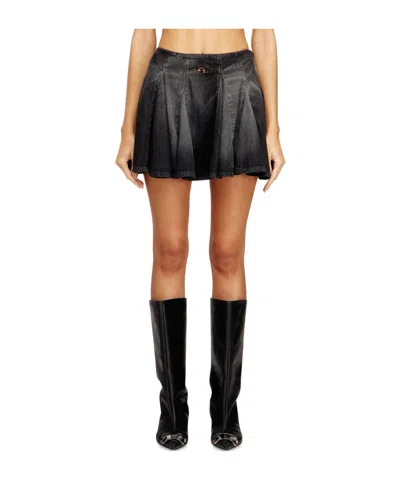 Diesel De-spiki-s Short Denim Skirt With Washed-out Effect In Black
