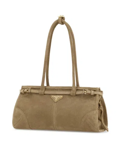 Prada Suede Shoulder Bag Rectangular Shape Buckle In Neutral