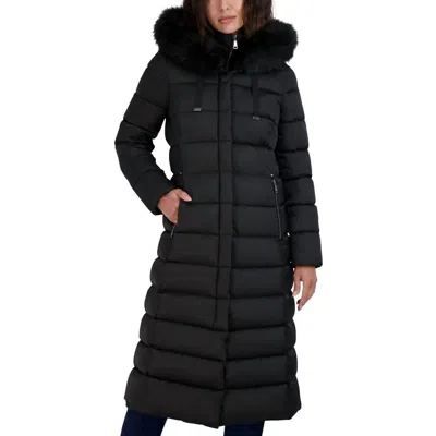 Tahari Womens Maxi Shine Bibbed Faux-fur-trimmed Hooded Puffer Coat In Black
