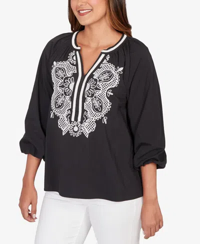 Ruby Rd. Petite Embroidered Soft Poplin Peasant Top In Black