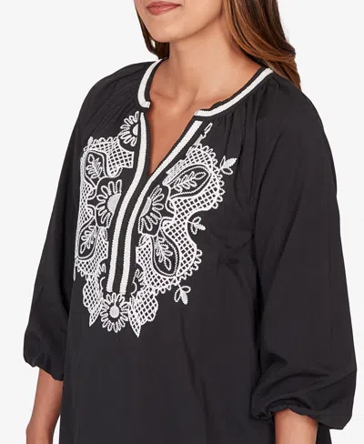 Ruby Rd. Petite Embroidered Soft Poplin Peasant Top In Black