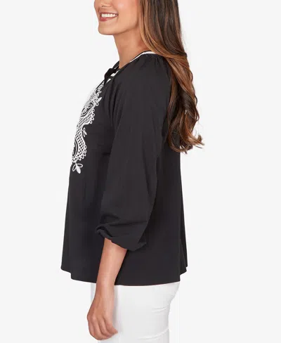 Ruby Rd. Petite Embroidered Soft Poplin Peasant Top In Black