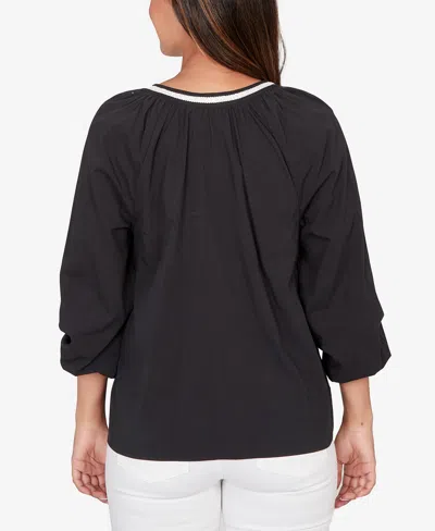 Ruby Rd. Petite Embroidered Soft Poplin Peasant Top In Black