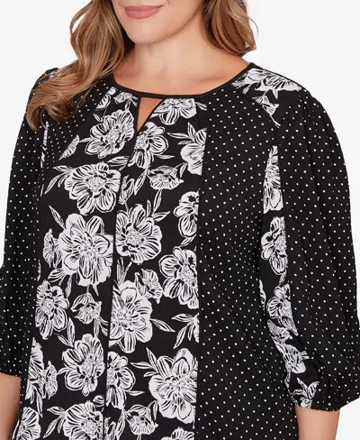 Ruby Rd. Plus Size Floral Panel Crinkle Knit Peasant Top In Black