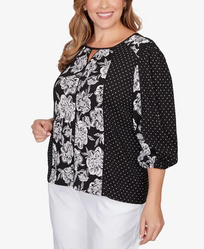 Ruby Rd. Plus Size Floral Panel Crinkle Knit Peasant Top In Black