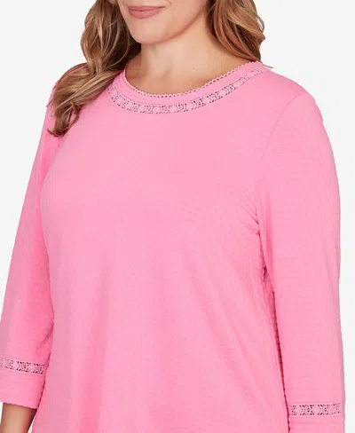 Ruby Rd. Plus Size Solid Clip Dot Lace Trim Knit Top In Pink