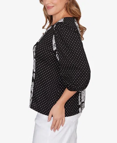 Ruby Rd. Plus Size Floral Panel Crinkle Knit Peasant Top In Black