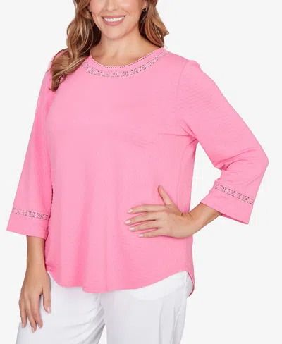 Ruby Rd. Plus Size Solid Clip Dot Lace Trim Knit Top In Pink