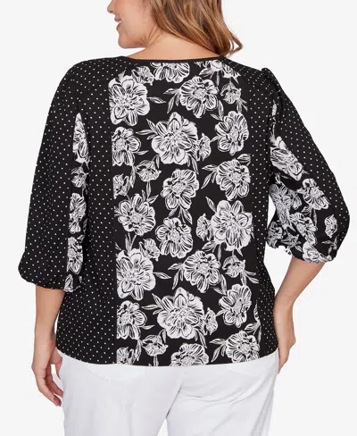 Ruby Rd. Plus Size Floral Panel Crinkle Knit Peasant Top In Black