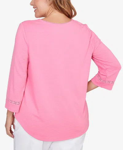 Ruby Rd. Plus Size Solid Clip Dot Lace Trim Knit Top In Pink