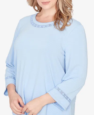 Ruby Rd. Plus Size Solid Clip Dot Lace Trim Knit Top In Blue