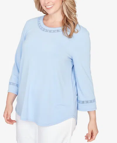 Ruby Rd. Plus Size Solid Clip Dot Lace Trim Knit Top In Blue