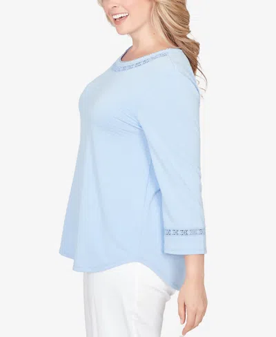 Ruby Rd. Plus Size Solid Clip Dot Lace Trim Knit Top In Blue