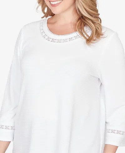 Ruby Rd. Plus Size Solid Clip Dot Lace Trim Knit Top In White