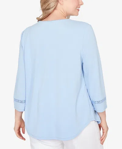 Ruby Rd. Plus Size Solid Clip Dot Lace Trim Knit Top In Blue