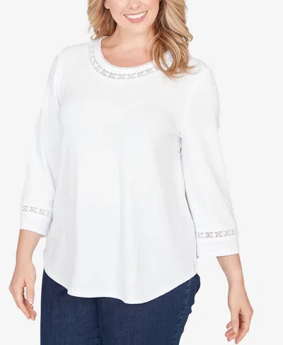 Ruby Rd. Plus Size Solid Clip Dot Lace Trim Knit Top In White