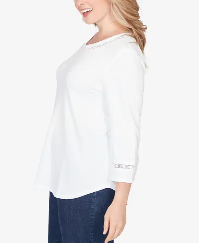 Ruby Rd. Plus Size Solid Clip Dot Lace Trim Knit Top In White