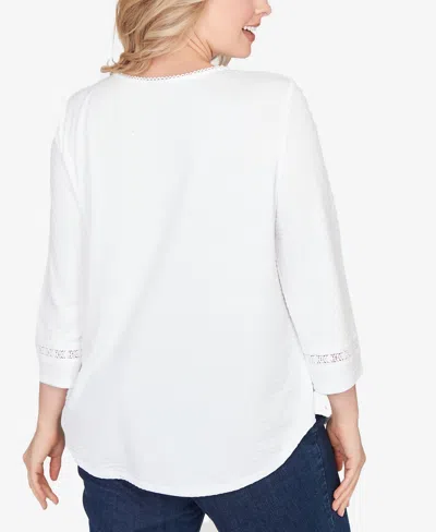 Ruby Rd. Plus Size Solid Clip Dot Lace Trim Knit Top In White