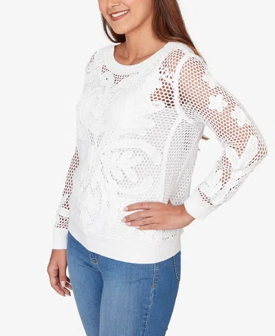 Ruby Rd. Petite Crochet Pullover Sweater In White