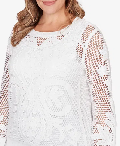 Ruby Rd. Plus Size Crochet Lined Pullover Sweater In White