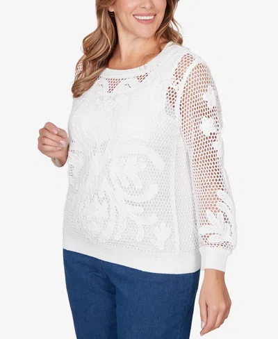 Ruby Rd. Plus Size Crochet Lined Pullover Sweater In White