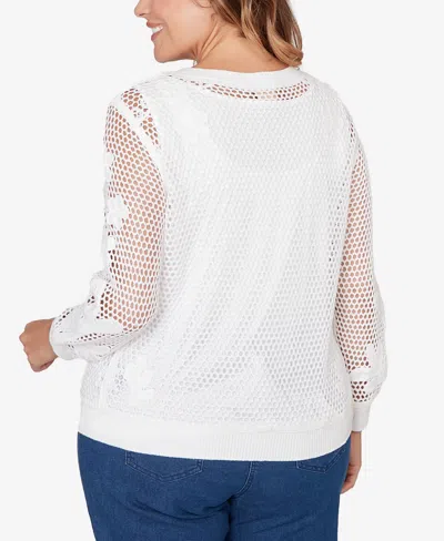Ruby Rd. Plus Size Crochet Lined Pullover Sweater In White