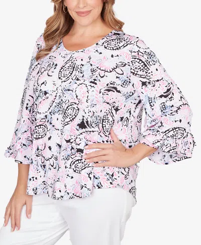 Ruby Rd. Plus Size V-neck Paisley Ruffle Sleeve Knit Top In Multi