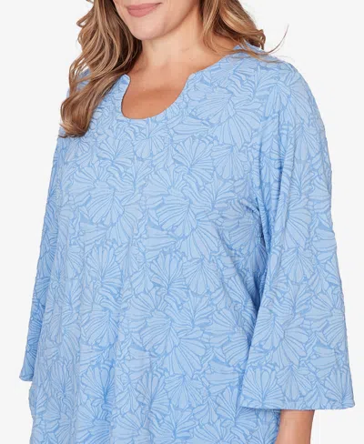 Ruby Rd. Plus Size Horseshoe Neck Solid Floral Jacquard Top In Blue