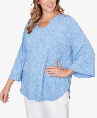 Ruby Rd. Plus Size Horseshoe Neck Solid Floral Jacquard Top In Blue