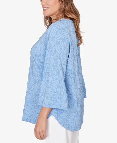 Ruby Rd. Plus Size Horseshoe Neck Solid Floral Jacquard Top In Blue