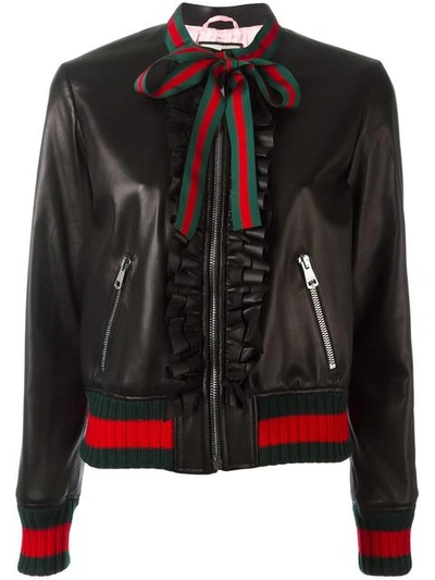 Gucci Embellished Nappa Leather Bomber Jacket In Black