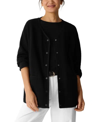 Eileen Fisher Organic Cotton Stretch Boucle V-neck Jacket In Black
