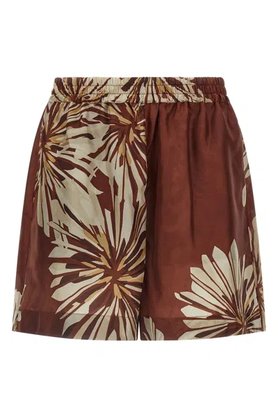 Brunello Cucinelli Women Silk Twill Shorts With Floral Print And Elasticated Waistband In Brown