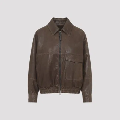 Brunello Cucinelli Leather Bomber Jacket Point Collar Hem In Brown