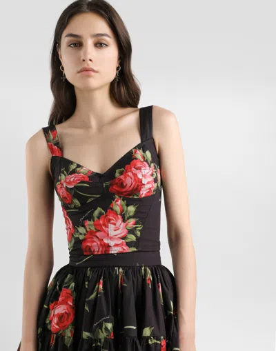 Dolce & Gabbana Top Nero In Seta Con Stampa Floreale Dolce E Gabbana In Black