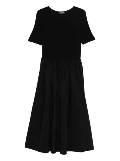 Emporio Armani Midi Dress Gathered Skirt Round Neckline In Black