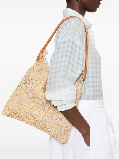 Ermanno Scervino Medium Hobo Bag Lace Overlay Leather Handles In Neutral