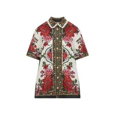 Farm Rio Wonder Multicolor Shirt With Lace Embroidered Classic Collar And All-over Floral Motif In Linen Blen