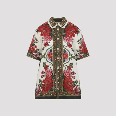 Farm Rio Wonder Multicolor Shirt With Lace Embroidered Classic Collar And All-over Floral Motif In Linen Blen