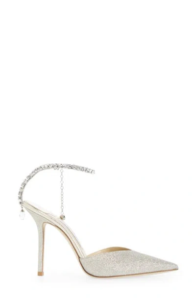Jimmy Choo Saeda Glitter Crystal Ankle Strap Pointed Toe Pump In Silver