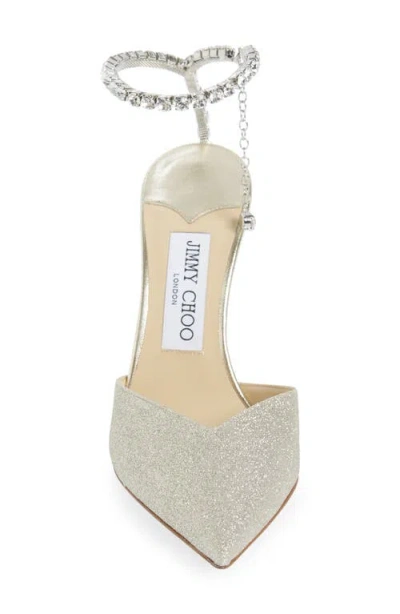 Jimmy Choo Saeda Glitter Crystal Ankle Strap Pointed Toe Pump In Silver