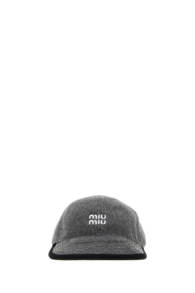 Miu Miu Grey Flannel Baseball Cap In Gray