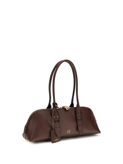 Pinko Bowling Bag Horizontal Big Brown Handbag With Adjustable And Removable Shoulder Strap And Padl In Brown