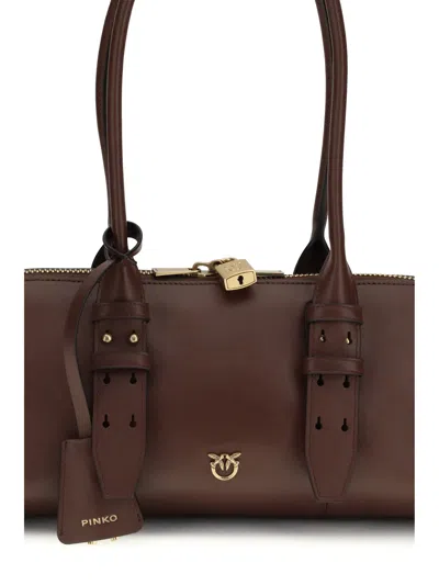 Pinko Bowling Bag Horizontal Big Brown Handbag With Adjustable And Removable Shoulder Strap And Padl In Brown