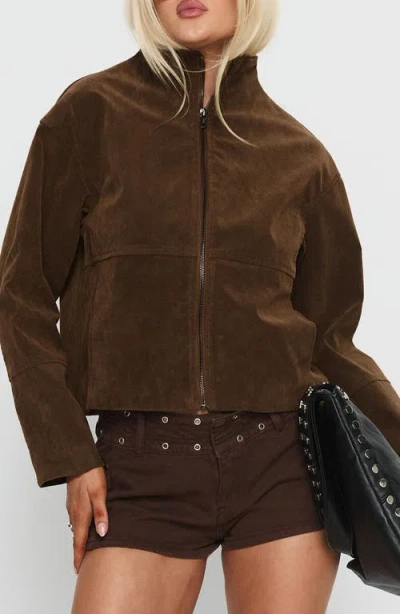 Princess Polly Faux Suede Funnel Neck Zip Up Cropped Jacket In Brown
