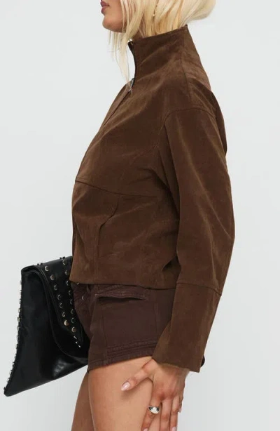 Princess Polly Faux Suede Funnel Neck Zip Up Cropped Jacket In Brown
