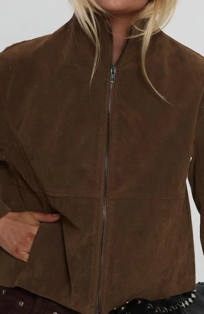 Princess Polly Faux Suede Funnel Neck Zip Up Cropped Jacket In Brown