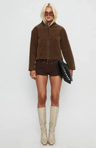 Princess Polly Faux Suede Funnel Neck Zip Up Cropped Jacket In Brown