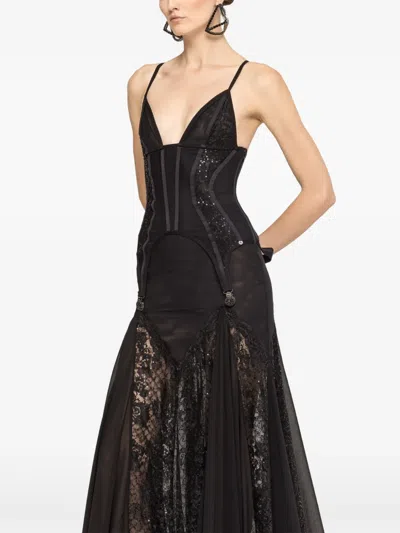 蕾丝拼接紧身胸衣式超长连衣裙