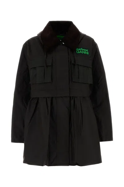 Barbour Dark Brown Jacket With All-over Stripe Motif And Logo Patch On The Front In Waxed Cotton Woman